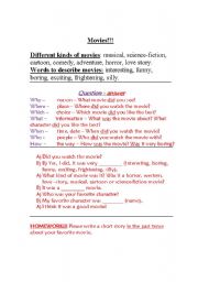 English worksheet: Film Genres, past tense and WH questions