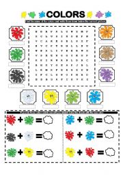 English Worksheet: COLORS WORDSEARCH-MIXING COLORS!