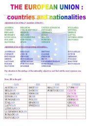 English Worksheet: The Euroepean Union : countries and nationalities