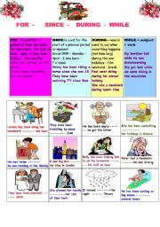 English Worksheet: For - since - during-  while 