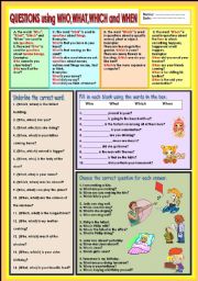 English Worksheet: Questions using What,which,who and when
