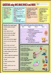 English Worksheet: Questions using What,which,who and when