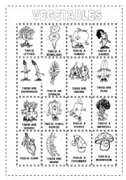 English Worksheet: 16 Vegetables  THIS IS THESE ARE Complete the charts, Write the color, Write the plural, color the flashcards