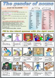 English Worksheet: THE GENDER OF NOUNS-GRAMMAR AND EXERCISES (B&W VERSION INCLUDED)