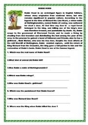 English Worksheet: Robin Hood  Reading and WH questions, Match