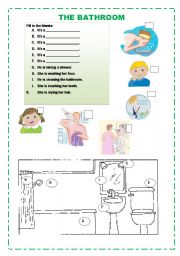 English Worksheet: The Bathroom, Objects and Actions, Match 