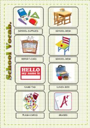 English Worksheet: School Vocabulary - 24 flashcards 1/2   