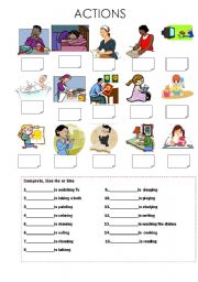 English Worksheet: Actions, Present Progressive , Pronouns