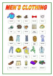 English Worksheet: Mens Clothes - 40 Picture Vocabulary Words - 2 Pages - 