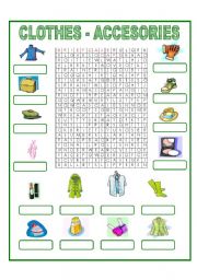 Clothes wordsearch 2 pages + key