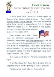 English Worksheet: I WANT TO KNOW section: Why do they say O.K. and oclock? What do a.m. and p.m. stand for?