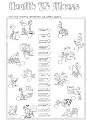 English Worksheet: HEALTH vs ILLNESS - MATCH (B&W VERSION) (1)