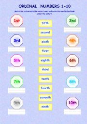 English Worksheet: Ordinal Numbers 1 - 10 (colour and B&W)