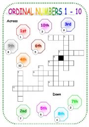 English Worksheet: Ordinal numbers 1-10 crossword
