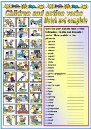 English Worksheet: CHILDREN AND ACTION VERBS 1-2 - PAST SIMPLE OF REGULAR AND IRREGULAR VERBD-MATCHING AND COMPLETING (B&W VERSION INCLUDED)