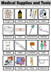 English Worksheet: Medical Supplies and Tools - Pictionary