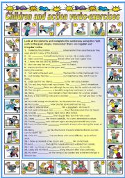 CHILDREN AND ACTION VERBS- EXERCISES -PAST SIMPLE OF REGULAR AND IRREGULAR VERBS (B&W VERSION AND KEY  INCLUDED)