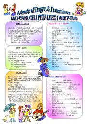 English Worksheet: Adverbs of Degree & Determiners - MANY-MUCH/FEW-LESS/VERY-TOO - (( definition & 60 exercises to complete )) - elementary/intermediate - (( B&W VERSION INCLUDED ))