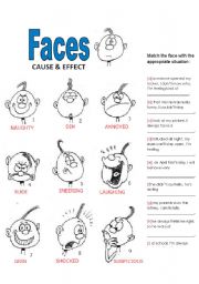English Worksheet: Faces: Cause & Effect (adjectives-nouns-ing)
