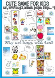 English Worksheet: CUTE GAME FOR KIDS (CAN, HAVE/HAS GOT, COLOURS, PETS, THINGS...) have some fun !!!
