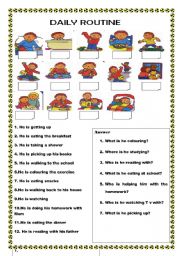 English Worksheet: Wh questions Daily Routine Present Progressive