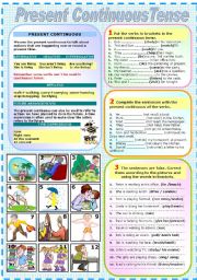 English Worksheet: PRESENT CONTINUOUS TENSE- TWO PAGES  (GRAMMAR AND EXERCISES) (B&W VERSION INCLUDED)