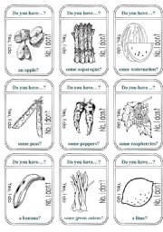 English Worksheet: Fruits or Vegetables Game Cards (B&W)