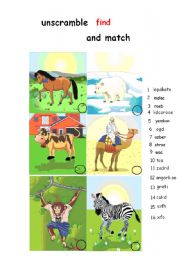 English Worksheet: unscramble and match the animals