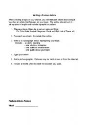 English worksheet: Writing a Feature Article (Guidelines and Student Outline)