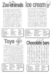 wordsearch - zoo animals - ice cream - toys - chocolate bars