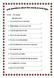 English worksheet: ask questions about the words in bold type
