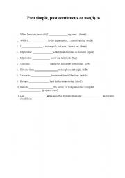 English worksheet: past simple, past contiuous or used to