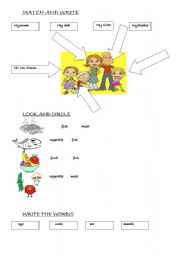 English worksheet: matching parts of the body, family members and foods