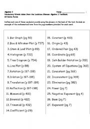 English Worksheet: Algebra One Vocabulary