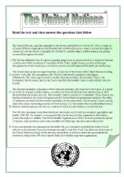 English Worksheet: The United Nations - reading comprehension