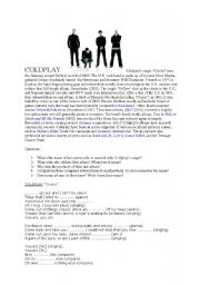 English Worksheet: Coldplay biography, exercises and fill in the gaps song 
