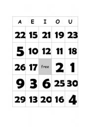 English Worksheet: Vowel and number bingo