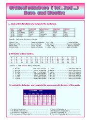 English Worksheet:  ORDINAL NUMBERS , DAYS AND MONTHS