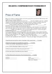 English Worksheet: The Price of Fame