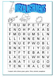 English Worksheet: Musical Instruments Wordsearch