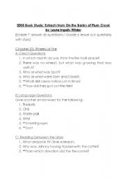 English worksheet: Questions on selected chapters of Laura Ingalls Wilder On the Banks of Plum Creek