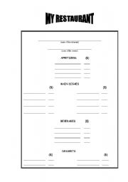 English worksheet: My Restaurant Menu