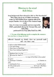 English Worksheet: BLOWING ON THE WIND- BOB DYLAN
