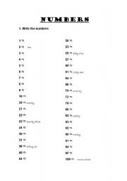 English worksheet: write the numbers