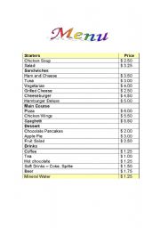 English Worksheet: Fast food menu