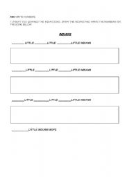 English worksheet: Indians song - Counting and writting numbers