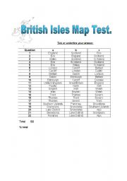 English Worksheet: British Isles Map Test