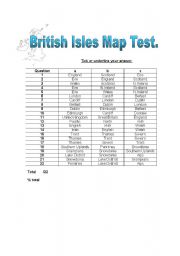 English worksheet: British Isles Map Test