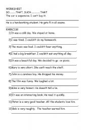 English Worksheet: so..... that    such ......that
