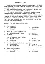 English Worksheet: WHERE IS JODIE - A  LOVELY COMPREHENSION FOR YOUNG READERS